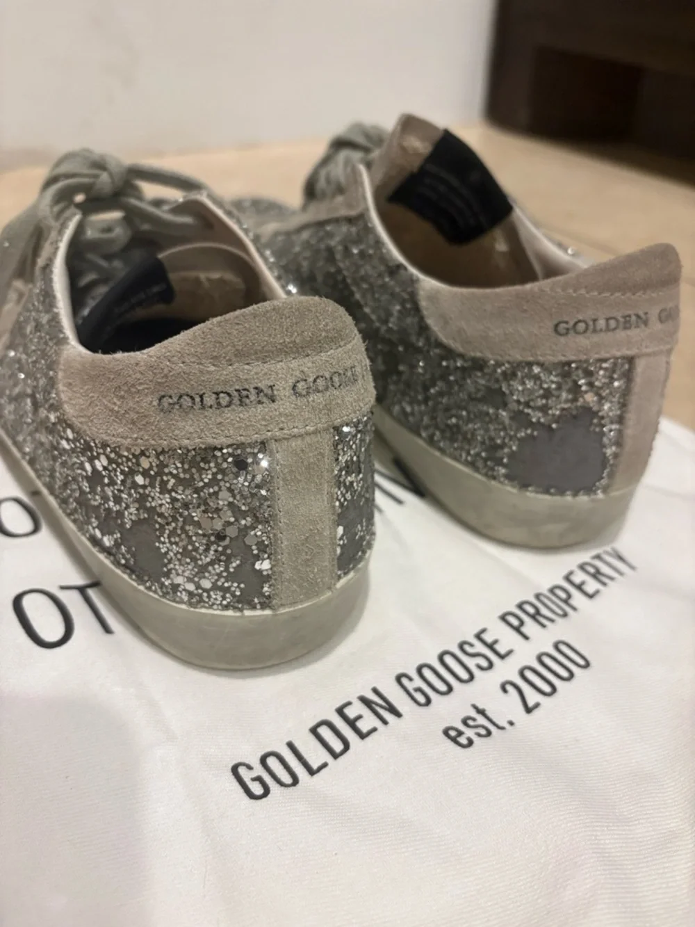 Golden Goose Silver Glitter Low-Top Sneakers with Beige Suede - Picture 3 of 5